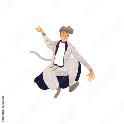 Vector illustration of young man in warm winter home clothes jumping with happiness and fun isolated on white background. Male cartoon character in pajama and bathrobe with seasonal patterns.