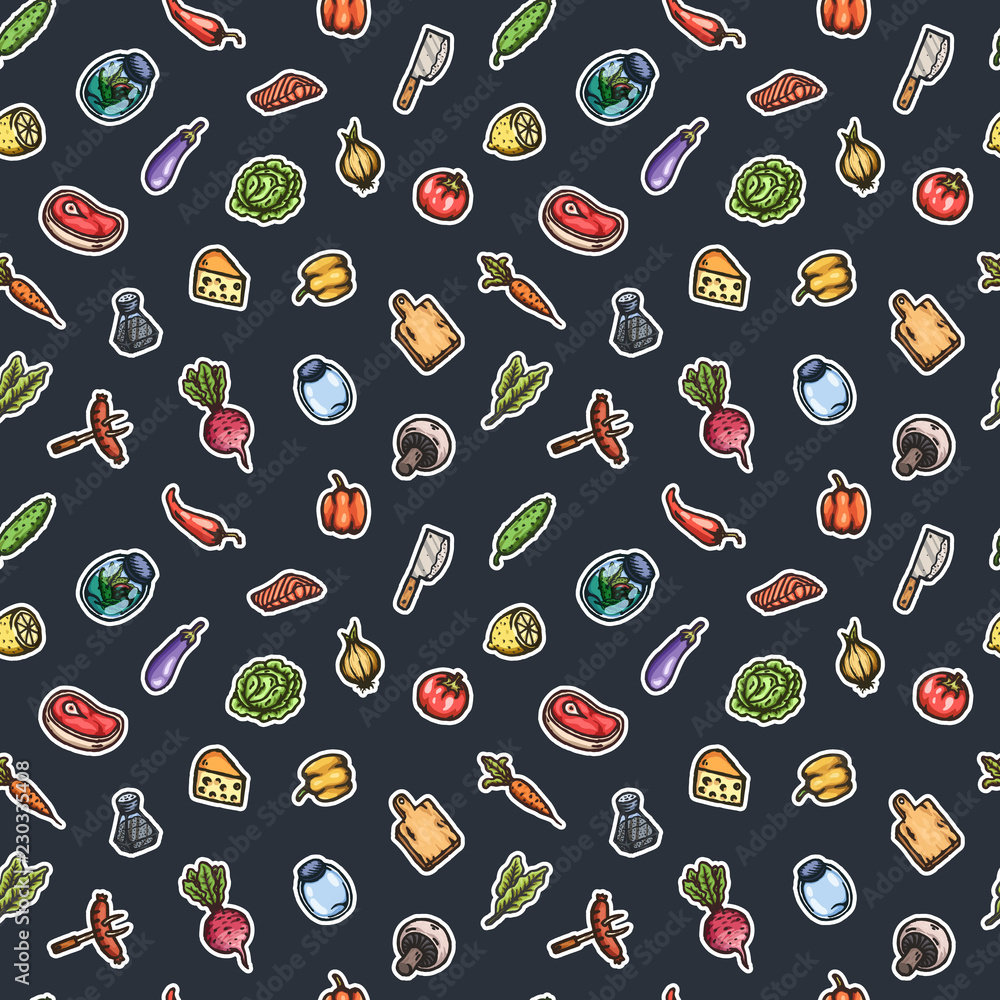 Hand drawn cartoon seamless pattern of food and kitchen stuff. Hand drawn cartoon seamless pattern of food and kitchen stuff.