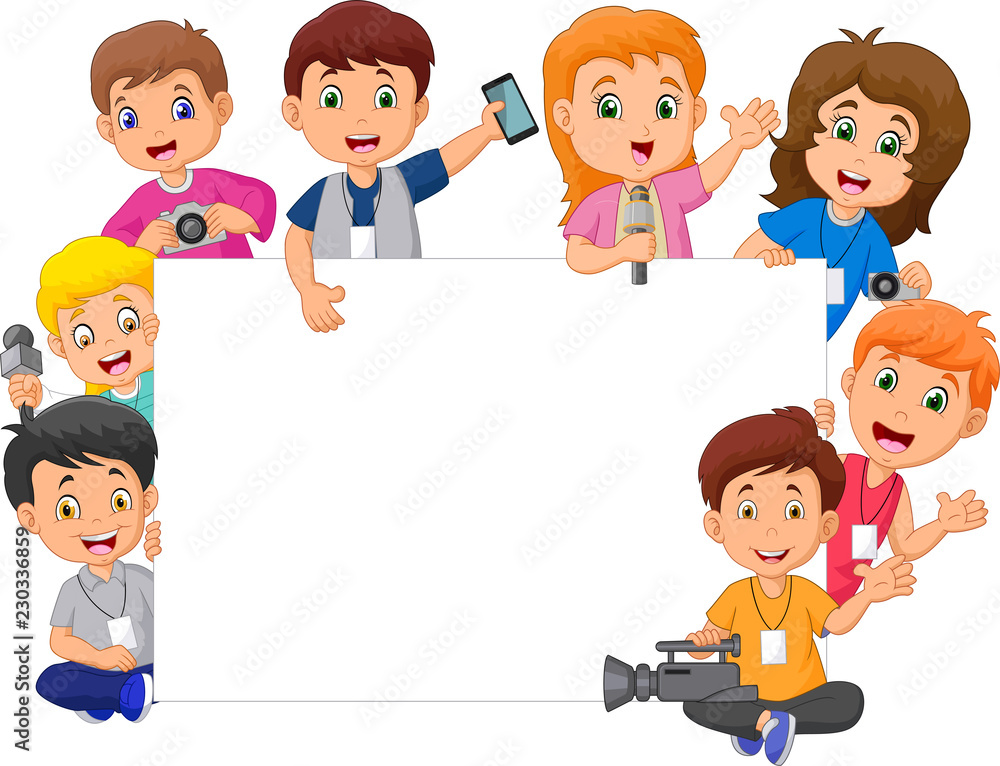 Cartoon happy kids in different professions with blank sign Cartoon happy kids in different professions with blank sign