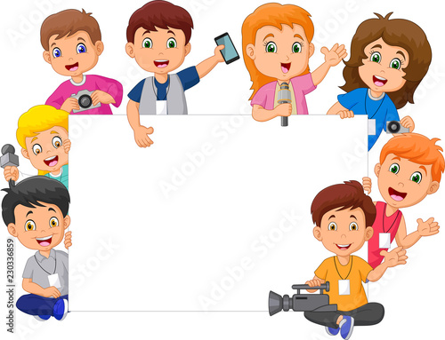 Cartoon happy kids in different professions with blank sign