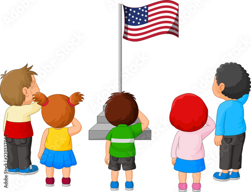 Cartoon Kids saluting the American Flag 