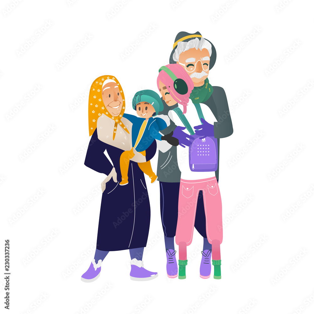 Vector cartoon family hugging at winter outdoor clothing standing together. Adult couple, senior parents, grandmother and grandfather, boy and girl teen kids happy characters Vector cartoon family hugging at winter outdoor clothing standing together. Adult couple, senior parents, grandmother and grandfather, boy and girl teen kids happy characters