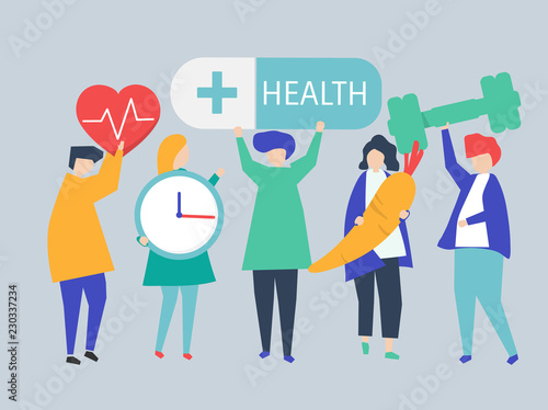 Charactes of people holding health icons illustration