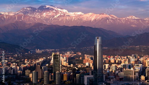 Chile, Santiago, andes, skyscraper, binding, city view, sky Costanera, dusk, snow, mountains, city, cityscape, sunset, sky, skyline, architecture, view, urban, panorama, building, landscape,