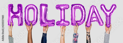 Hands showing holiday balloons word photo