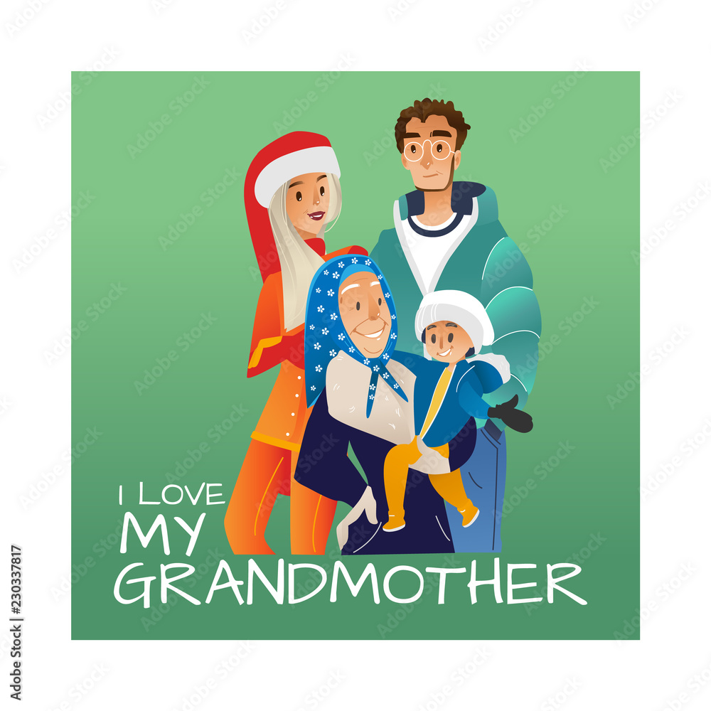 Vector I love my grandmother poster with cartoon family hugging at winter outdoor clothing standing together. Adult young couple, senior grandmother holding small boy kid in arms happy characters
