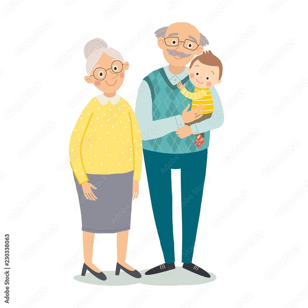 Grandparents with grandchild. Grandmother, grandfather and baby grandchild.  Grandparents day greeting card concept. Cartoon vector hand drawn  illustration isolated on white background in a flat style. Stock Vector |  Adobe Stock