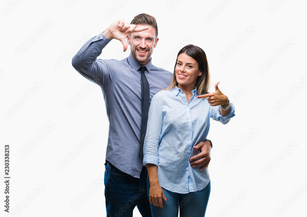 Young workers business couple over isolated background smiling making frame with hands and fingers with happy face. Creativity and photography concept. Young workers business couple over isolated background smiling making frame with hands and fingers with happy face. Creativity and photography concept.