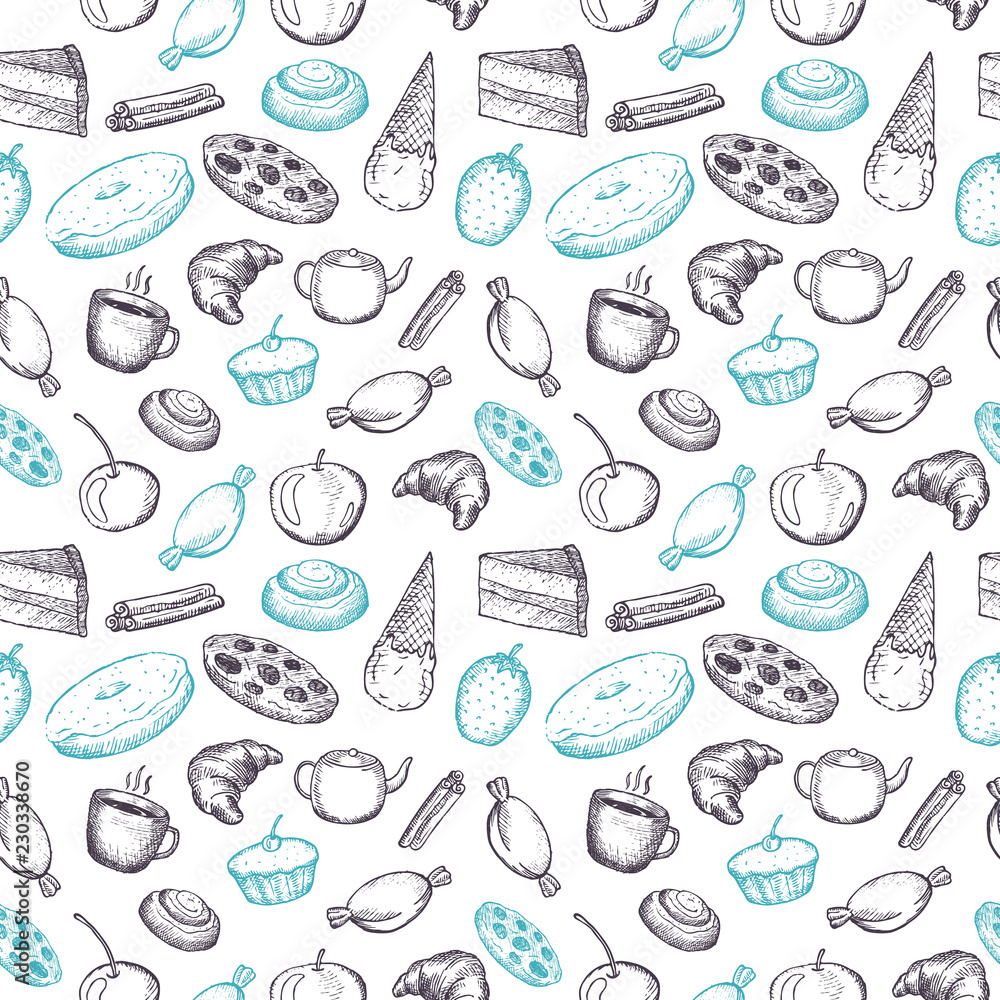 Hand drawn seamless texture of sweets doodles.