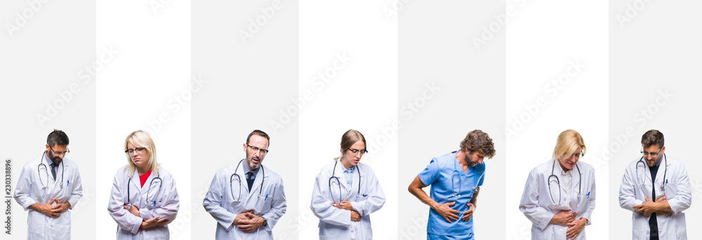 Fototapeta premium Collage of professional doctors over stripes isolated background with hand on stomach because nausea, painful disease feeling unwell. Ache concept.