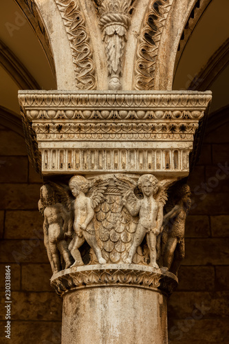 Ornament details of the 16th century Sponza Palace in Dubrovnik, Croatia, built in a mixed Gothic and Renaissance style between 1516 and 1522 by Paskoje Milicevic Mihov. photo