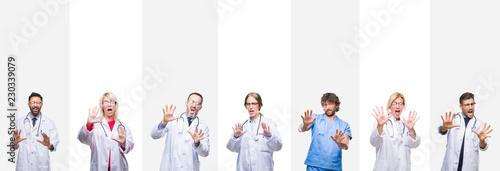 Collage of professional doctors over stripes isolated background afraid and terrified with fear expression stop gesture with hands  shouting in shock. Panic concept.