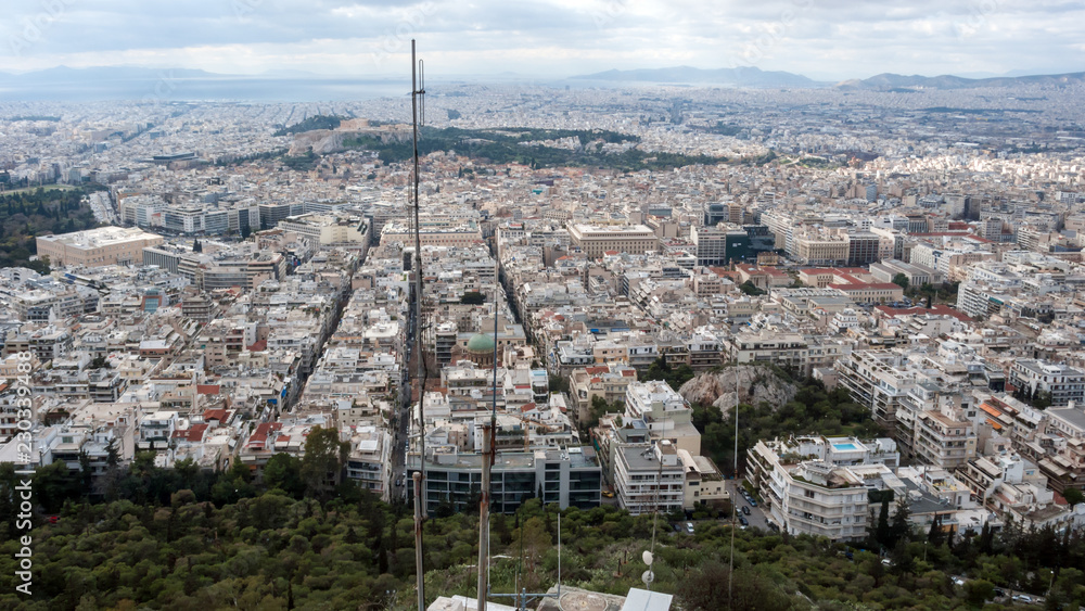 Amazing Panoramic view of the city of Athens from Lycabettus hill, Attica, Greece