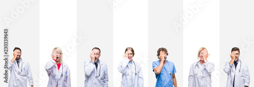 Collage of professional doctors over stripes isolated background covering one eye with hand with confident smile on face and surprise emotion.