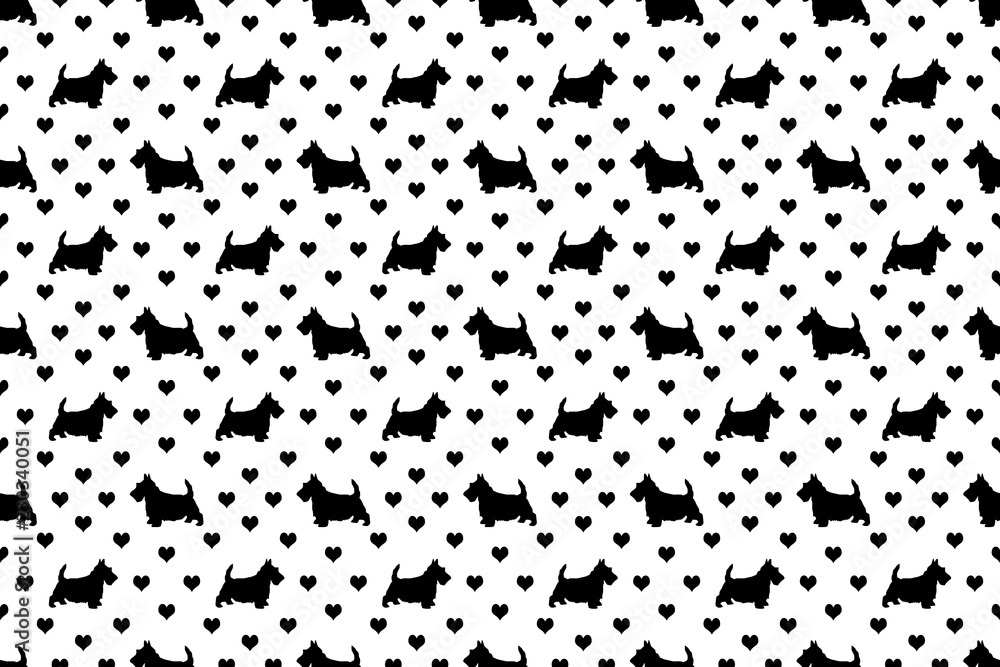 A seamless pattern of Scottish Terriers and hearts. The cute white 'Scottie' dogs are scattered with the symbol of love over a black background. A seamless pattern of Scottish Terriers and hearts. The cute white 'Scottie' dogs are scattered with the symbol of love over a black background.