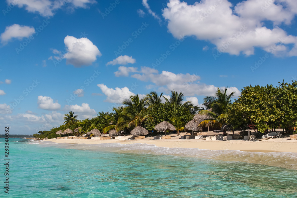 beach with reed umbrellas on island in the Dominican Republic