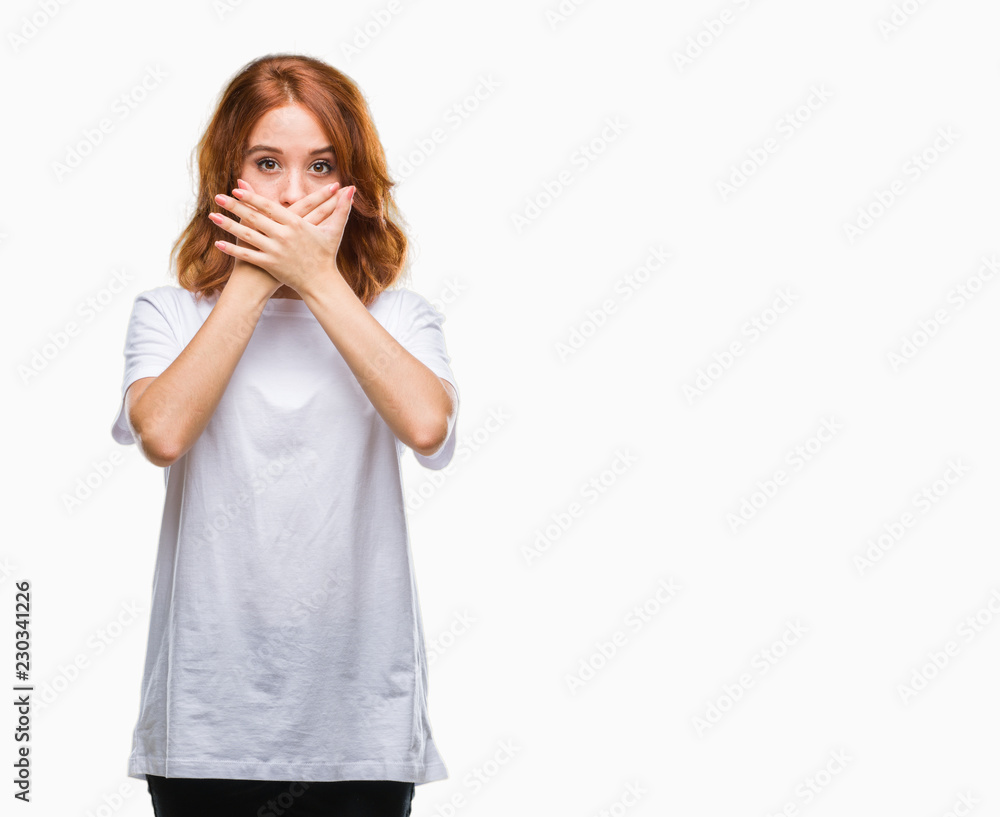 Young beautiful woman over isolated background shocked covering mouth with hands for mistake. Secret concept. Young beautiful woman over isolated background shocked covering mouth with hands for mistake. Secret concept.