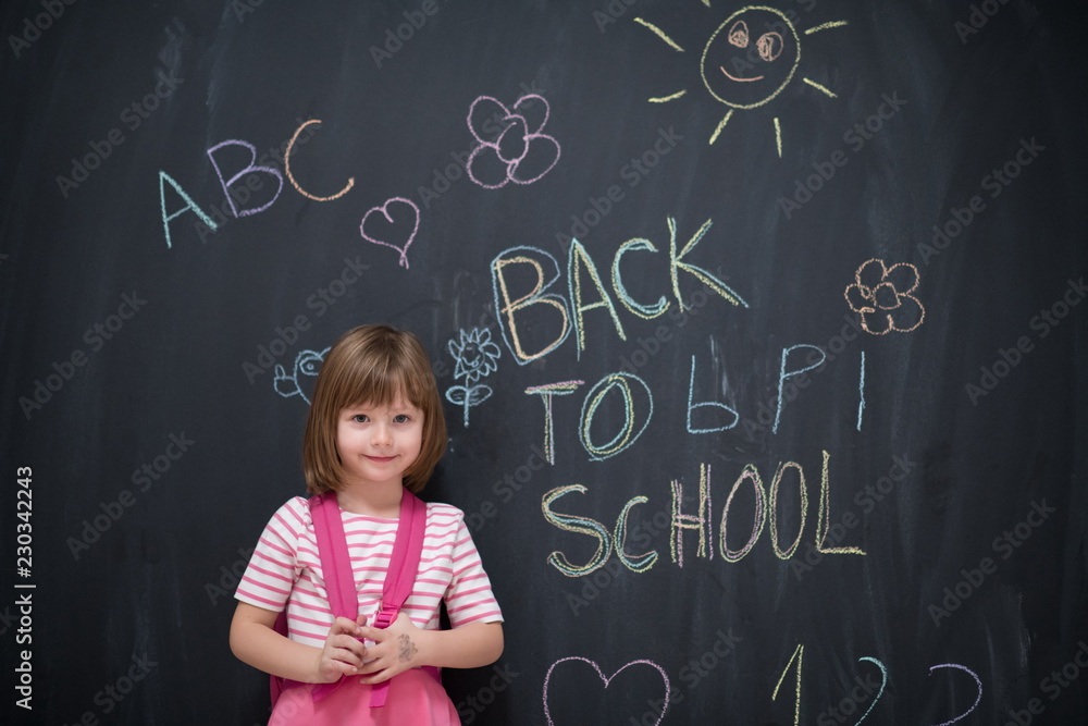 school girl child with backpack writing chalkboard school girl child with backpack writing chalkboard