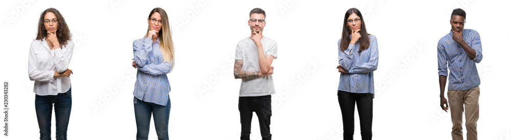 Group and team of young business people over isolated white background looking confident at the camera with smile with crossed arms and hand raised on chin. Thinking positive. Group and team of young business people over isolated white background looking confident at the camera with smile with crossed arms and hand raised on chin. Thinking positive.