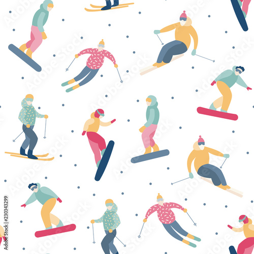 Snowboarders and skiers ride in the ski resort. People in the winter are engaged in active recreation. Snow, Christmas trees, mountain, skiing on the weekends.