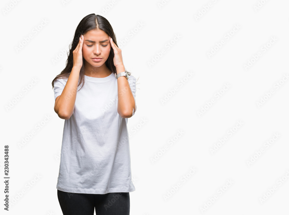 Young beautiful arab woman over isolated background with hand on head for pain in head because stress. Suffering migraine. Young beautiful arab woman over isolated background with hand on head for pain in head because stress. Suffering migraine.