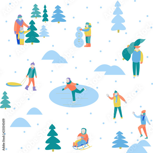 People walk in the winter  It is snowing  winter  soon a new year. They ride on a sled  choose a Christmas tree  play snowballs  skate. Winter fun  fun holiday.