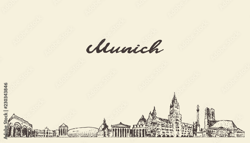 Naklejka premium Panoramę Monachium, Niemcy szkic wektor miasta