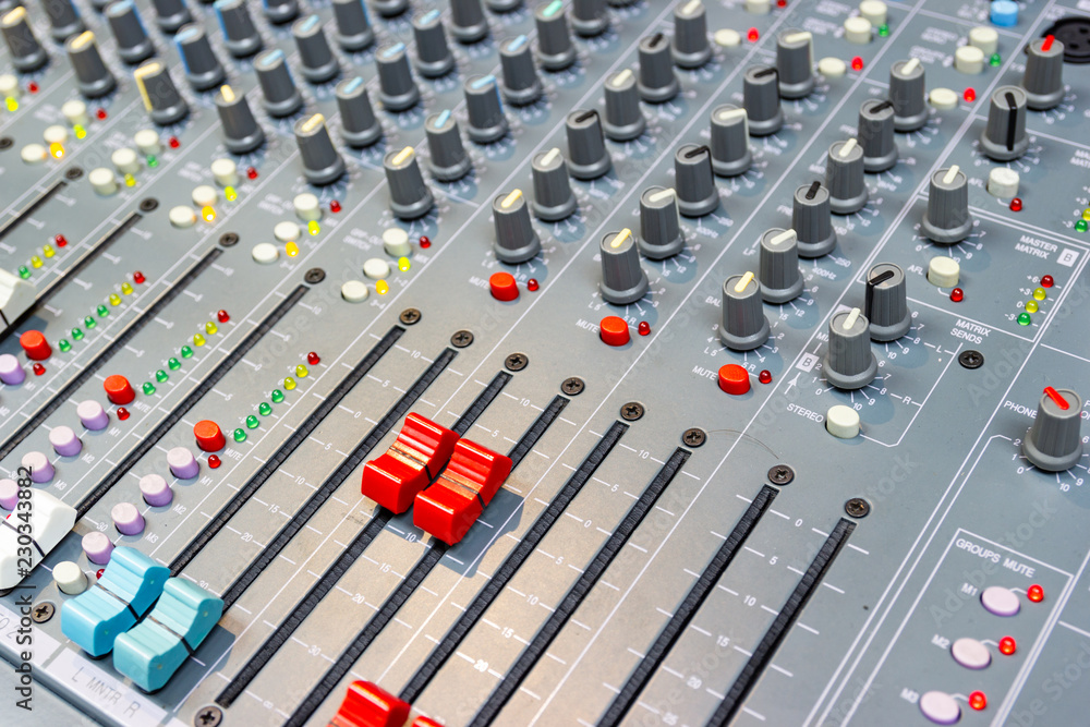 Close up Mixing Console of a big HiFi system, The audio equipment and control panel of digital studio mixer Close up Mixing Console of a big HiFi system, The audio equipment and control panel of digital studio mixer