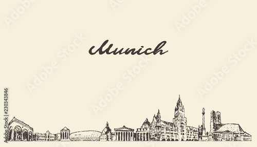 Munich skyline, Germany vector city drawn sketch
