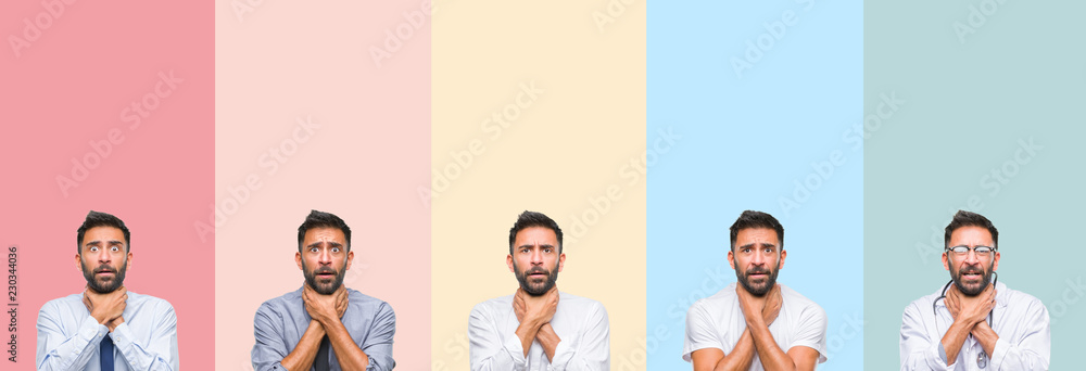 Fototapeta premium Collage of handsome man over colorful stripes isolated background shouting and suffocate because painful strangle. Health problem. Asphyxiate and suicide concept.