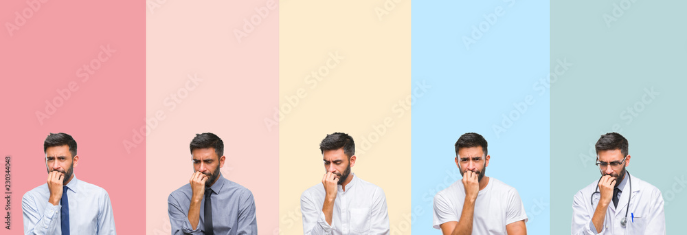 Obraz premium Collage of handsome man over colorful stripes isolated background looking stressed and nervous with hands on mouth biting nails. Anxiety problem.