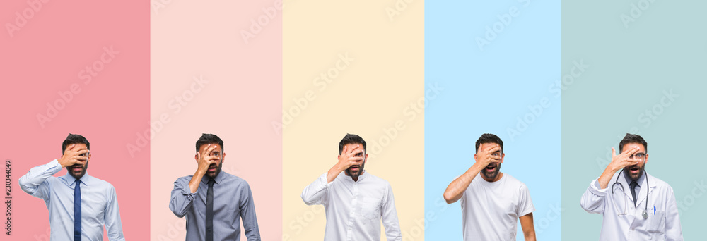 Fototapeta premium Collage of handsome man over colorful stripes isolated background peeking in shock covering face and eyes with hand, looking through fingers with embarrassed expression.