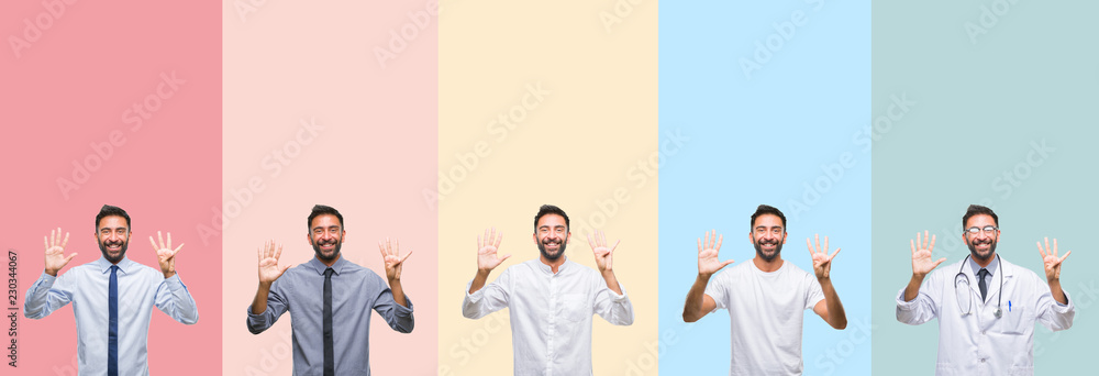 Fototapeta premium Collage of handsome man over colorful stripes isolated background showing and pointing up with fingers number nine while smiling confident and happy.