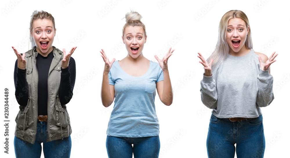 Collage of beautiful blonde young woman over isolated background celebrating crazy and amazed for success with arms raised and open eyes screaming excited. Winner concept Collage of beautiful blonde young woman over isolated background celebrating crazy and amazed for success with arms raised and open eyes screaming excited. Winner concept