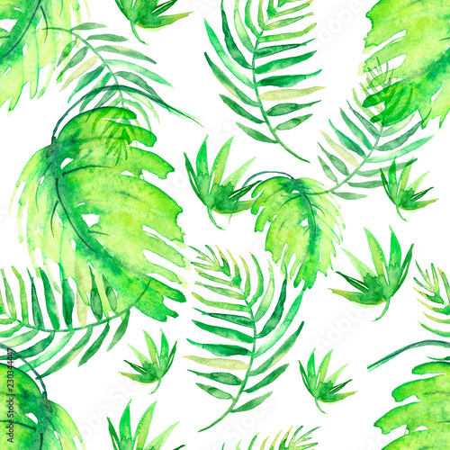 Seamless watercolor background from green tropical leaves  palm leaf  floral pattern. Bright Rapport for Paper  Textile  Wallpaper  design. Tropical leaves watercolor. 