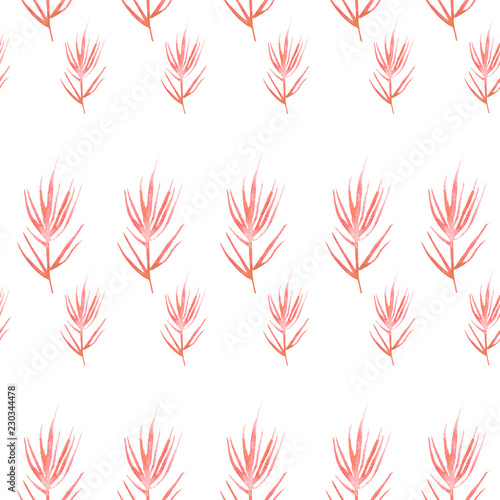 Watercolor red, pink floral seamless background, texture of leaves, grasses, plants. wild grass, plants. Natural wood pattern. Beautiful pattern for your design. Manual graphics. 