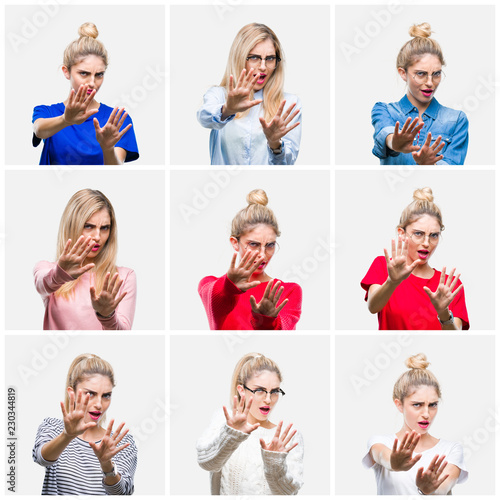 Collage of young beautiful blonde woman over white isolated background afraid and terrified with fear expression stop gesture with hands, shouting in shock. Panic concept.