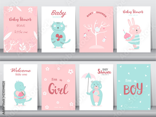 Set of baby shower invitations cards,poster,greeting,template,animal,cute,cat,rabbit,bear,Vector illustrations