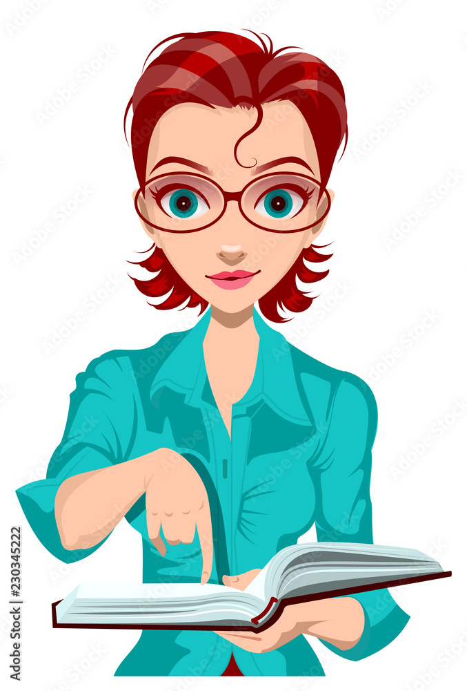 Young woman teacher hold open book and point finger Young woman teacher hold open book and point finger
