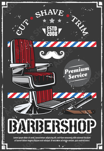 Barbershop chair and shave razor retro poster