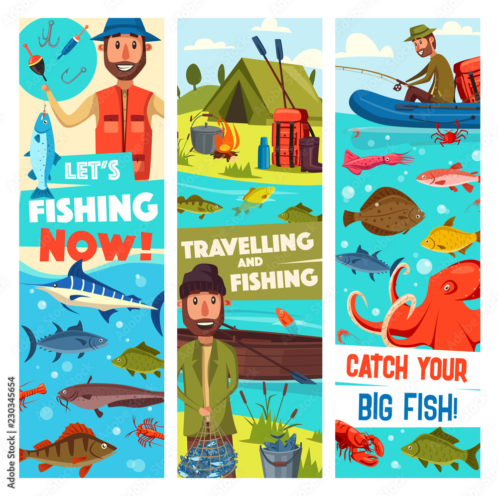 Fishing travel sport and fish catch vector banners
