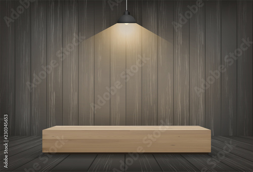 Wood bench in dark room space background. Vector.