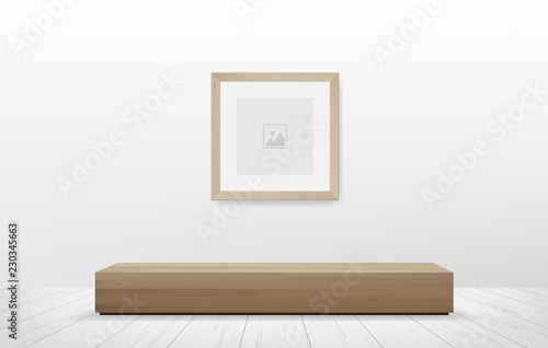 Picture frame and wooden bench in white room space background. Vector.