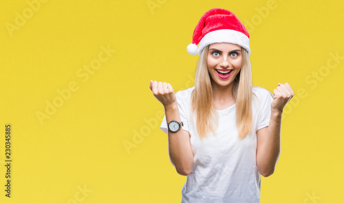 Young beautiful blonde woman christmas hat over isolated background celebrating surprised and amazed for success with arms raised and open eyes. Winner concept. © Krakenimages.com