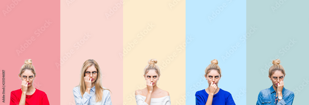 Collage of beautiful blonde woman over colorful stripes isolated background looking stressed and nervous with hands on mouth biting nails. Anxiety problem. Collage of beautiful blonde woman over colorful stripes isolated background looking stressed and nervous with hands on mouth biting nails. Anxiety problem.