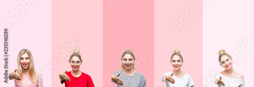 Collage of young beautiful blonde woman over vivid colorful vintage pink isolated background smiling friendly offering handshake as greeting and welcoming. Successful business.