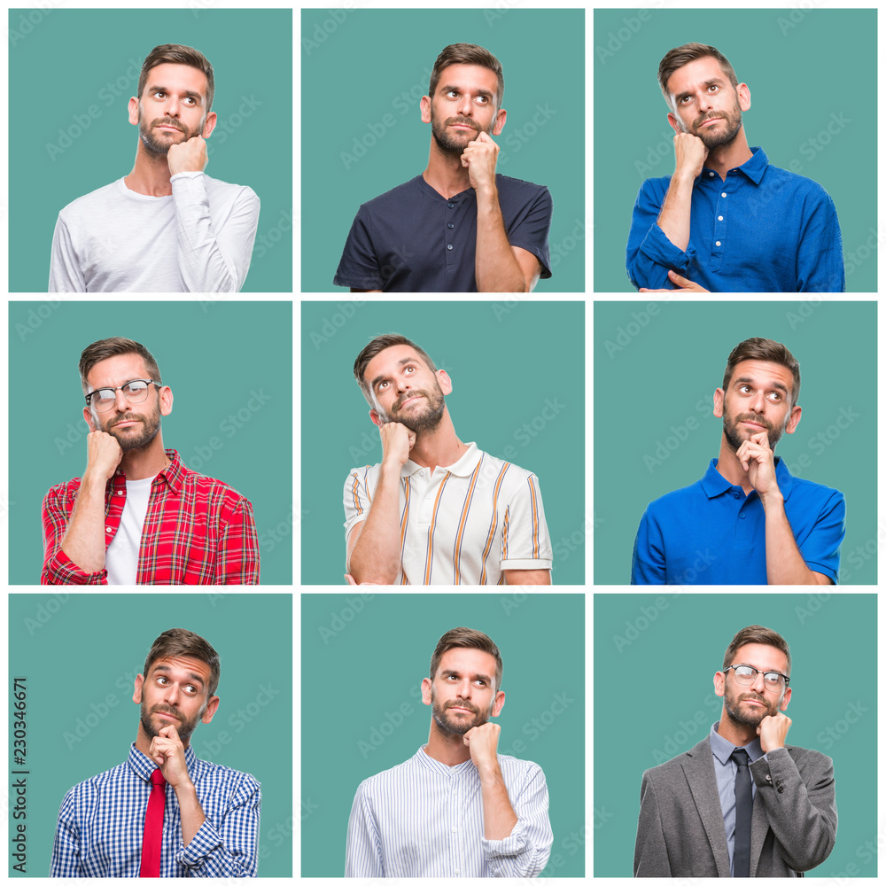 Collage of handsome young man over green isolated background with hand on chin thinking about question, pensive expression. Smiling with thoughtful face. Doubt concept. Collage of handsome young man over green isolated background with hand on chin thinking about question, pensive expression. Smiling with thoughtful face. Doubt concept.
