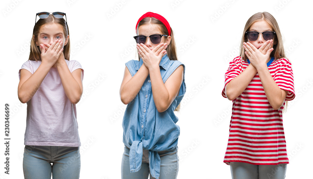 Collage of young little girl kid wearing sunglasses over isolated background shocked covering mouth with hands for mistake. Secret concept. Collage of young little girl kid wearing sunglasses over isolated background shocked covering mouth with hands for mistake. Secret concept.