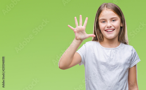 Young beautiful girl over isolated background showing and pointing up with fingers number five while smiling confident and happy.