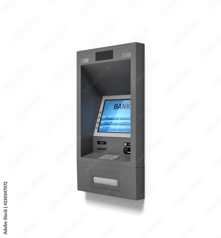 3d rendering of a wall ATM bank machine with a blue screen isolated on white background. 3d rendering of a wall ATM bank machine with a blue screen isolated on white background.